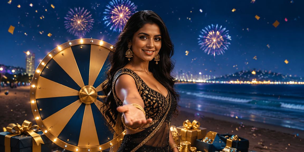 Evening lights over Chennai Marina Beach with roulette table background