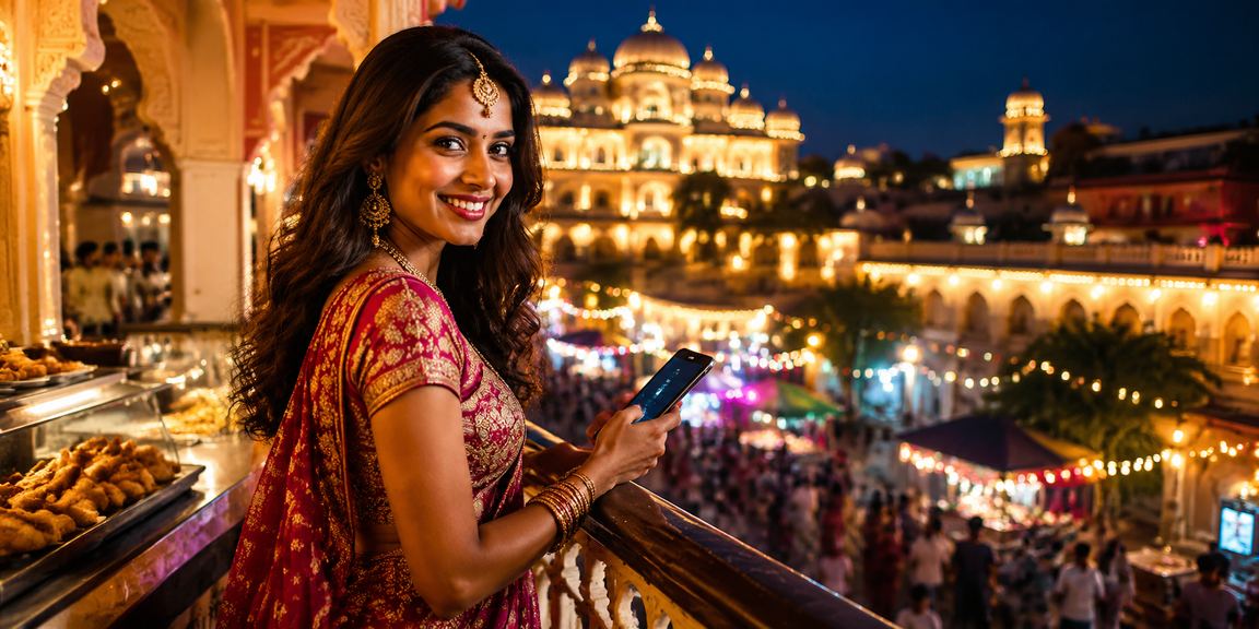 Evening market scene in India with red envelopes symbolizing bonuses